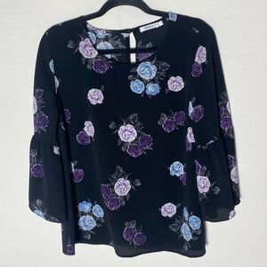 Ricki’s Black Blouse W Purple Blue Floral Design & 3/4 Length Bell Sleeves 12